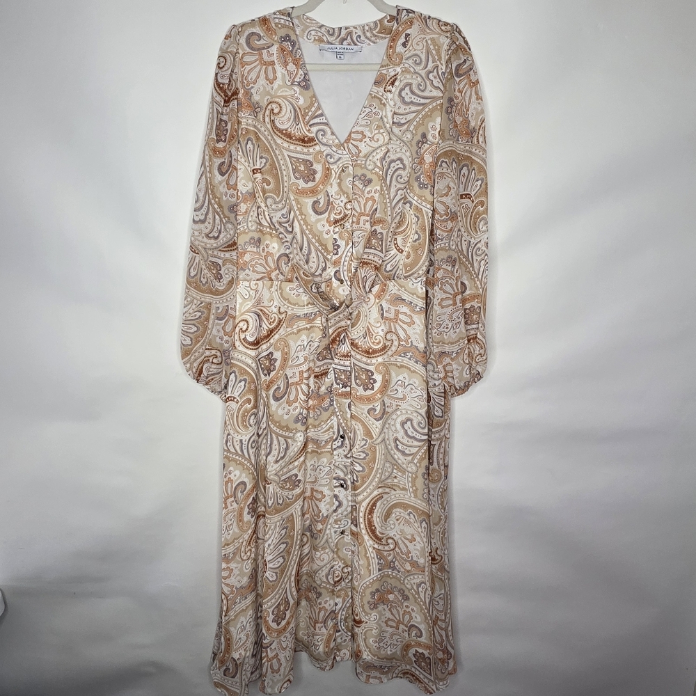 Paisley Tie Waist Midi Dress with Pockets Size 16 Full Button Front Floral Boho